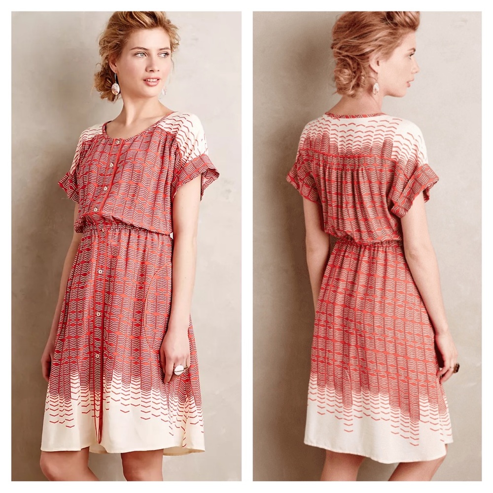 Anthropologie Red and Cream Patterned Midi Dress